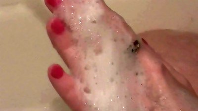 Milf. Soapy foam on tits, pussy, ass, legs. engulfs stomach milf takes bathroom. Handjob. Solo MILF. shower