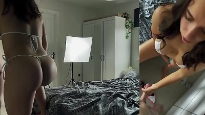 bikini stepdaughter with flawless ass jacks him off onto her giant titties